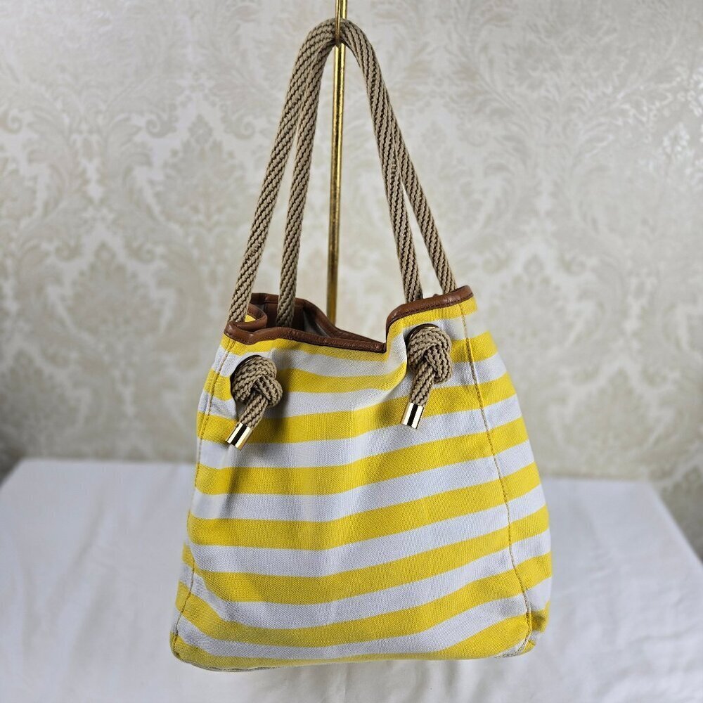 Michael Kors Yellow White Striped Canvas Bucket Bag Leather Trim Rope Handles